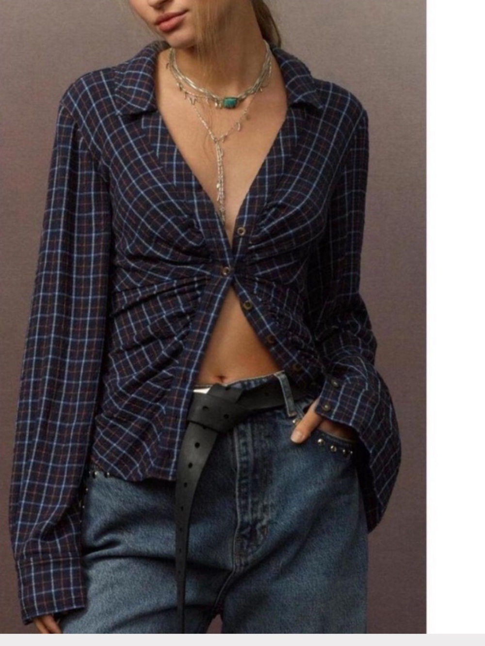 PILCRO Navy Plaid Ruched Button-Down Top